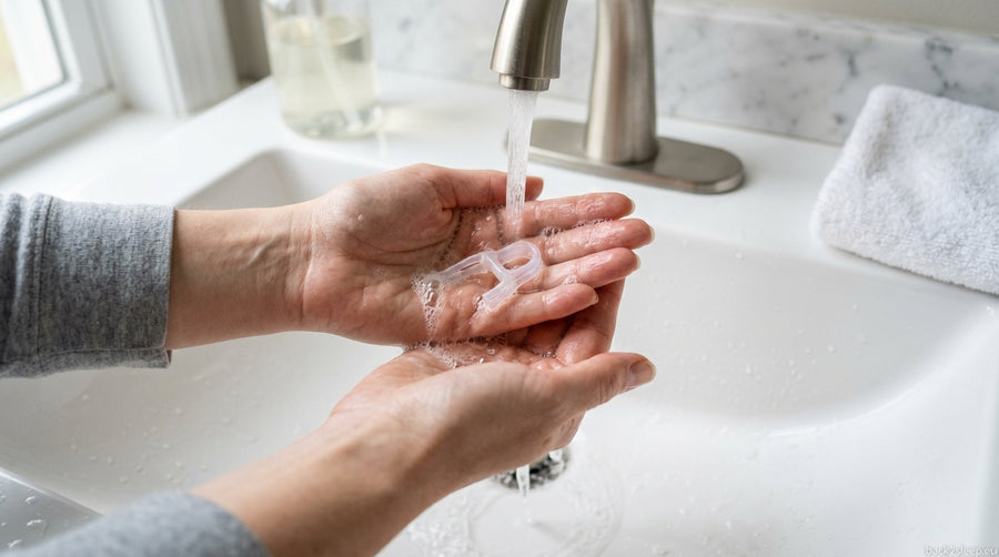 Hands cleaning a Back2Sleep nasal stent under warm running water demonstrating proper daily hygiene routine