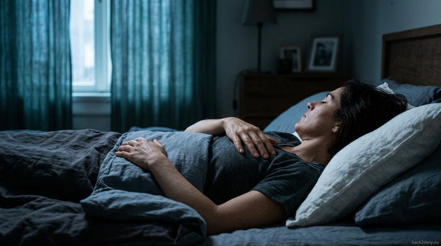 Person lying on their side in bed at night — sleep apnea and acid reflux connection