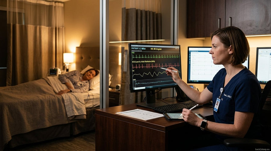 Doctor reviewing ECG heart rhythm monitor for atrial fibrillation linked to sleep apnea