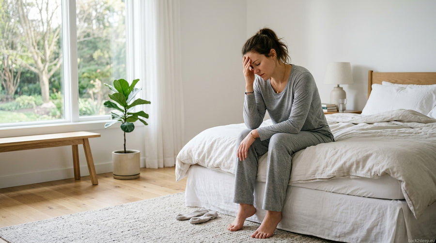 Tired young woman on bed edge — UARS causes chronic fatigue despite normal sleep test results