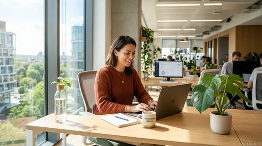 Refreshed person at bright office desk - better sleep improves workplace productivity