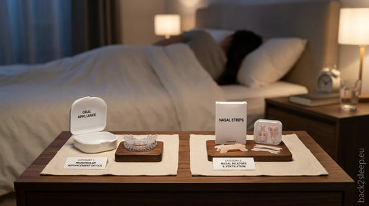 Anti-snoring devices on bedside table - nasal dilator vs mouth guard comparison guide