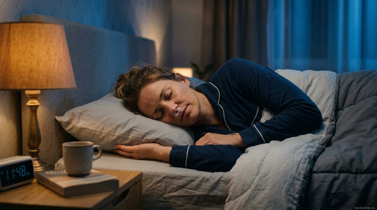 Person sleeping with a nasal stent — comparing nasal stent vs mouth tape for snoring