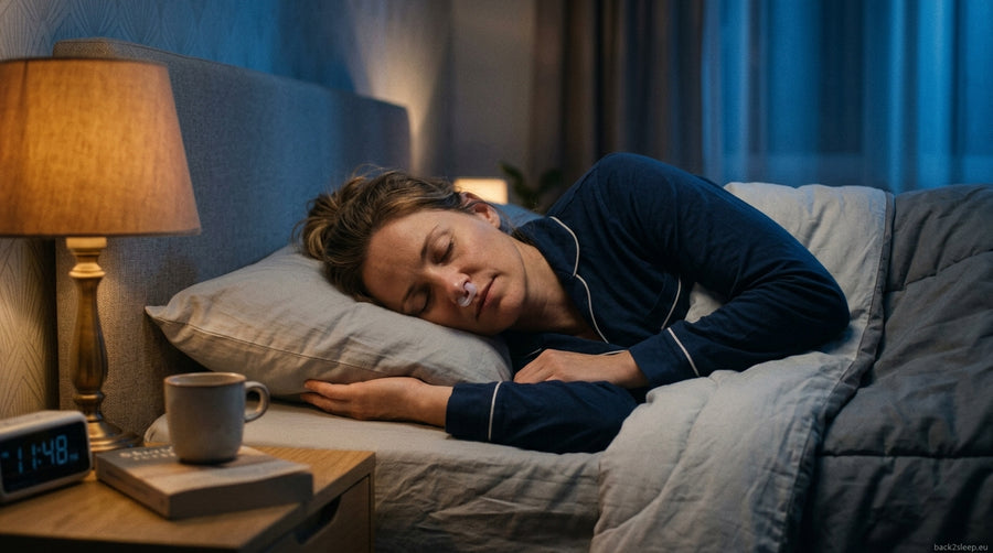 Person sleeping with a nasal stent — comparing nasal stent vs mouth tape for snoring