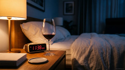 Wine glass on bedside table at night - how alcohol worsens snoring and sleep apnea