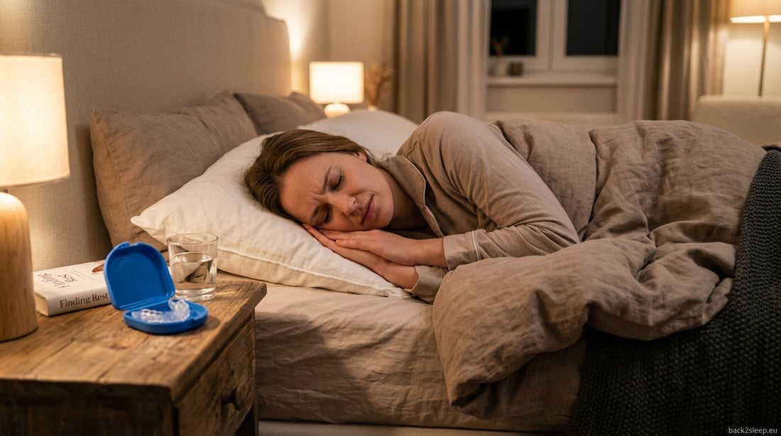 Person sleeping with jaw tension from bruxism linked to sleep apnea, night guard on bedside table