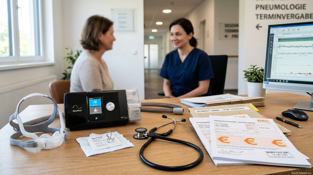 Sleep apnea treatment costs in Europe 2026 — CPAP machine and insurance documents on doctor desk