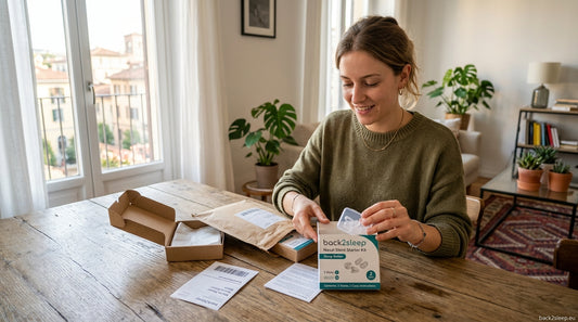 Person opening Back2Sleep nasal stent delivery package in a European apartment