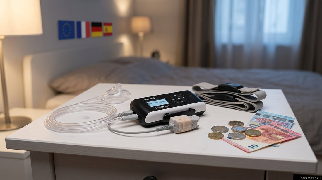 Sleep apnea diagnosis cost in Europe 2026 — home sleep test device with Euro currency