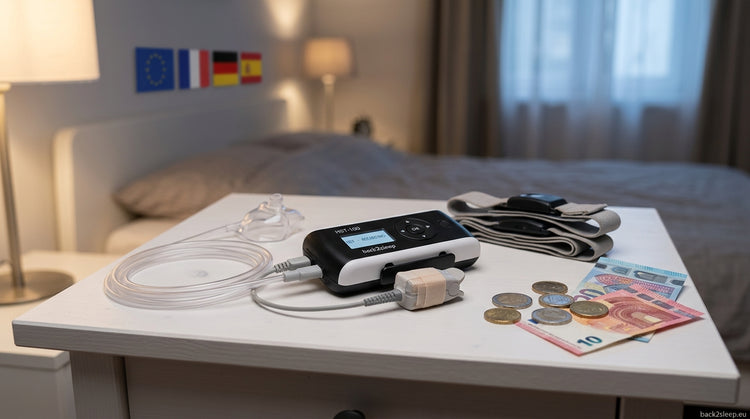 Sleep apnea diagnosis cost in Europe 2026 — home sleep test device with Euro currency