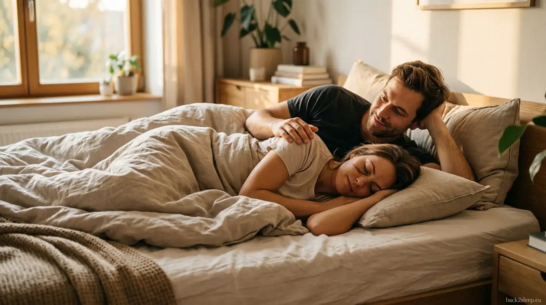 Couple in bed with warm morning light - snoring impact on relationships and solutions