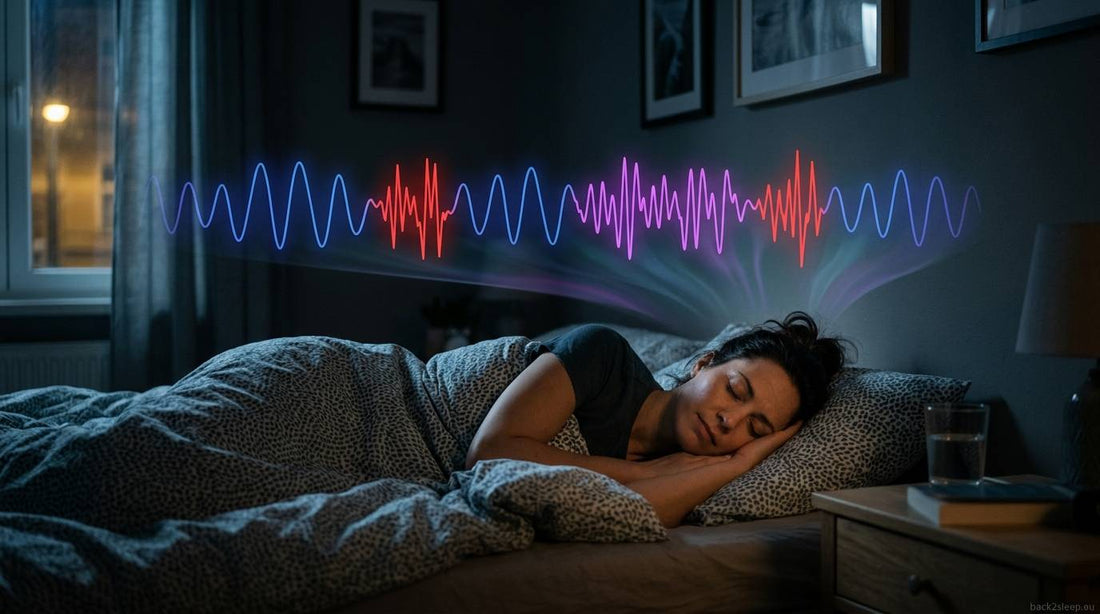 Person sleeping with visualization of sleep architecture brain waves showing deep sleep REM sleep and apnea disruptions