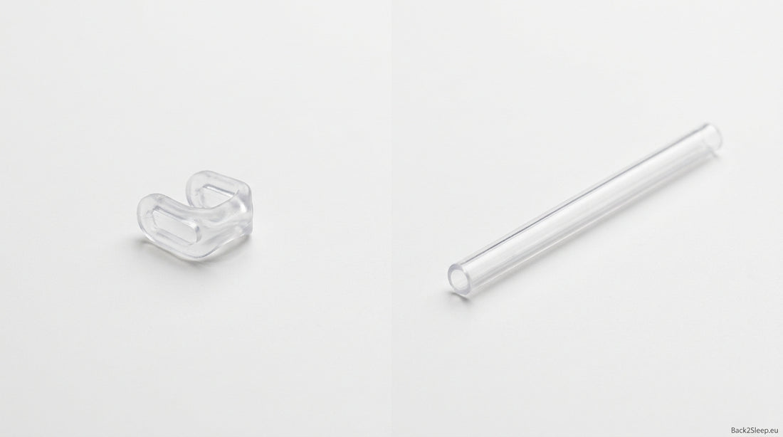 Side-by-side comparison of Back2Sleep reusable nasal stent and Nastent disposable nasal tube