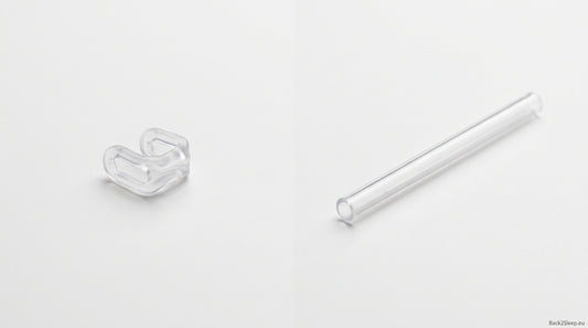 Side-by-side comparison of Back2Sleep reusable nasal stent and Nastent disposable nasal tube