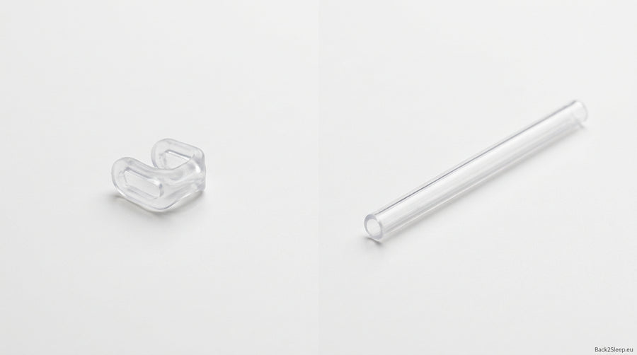 Side-by-side comparison of Back2Sleep reusable nasal stent and Nastent disposable nasal tube