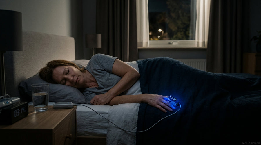 Person sleeping with pulse oximeter monitoring blood oxygen during a sleep apnea event