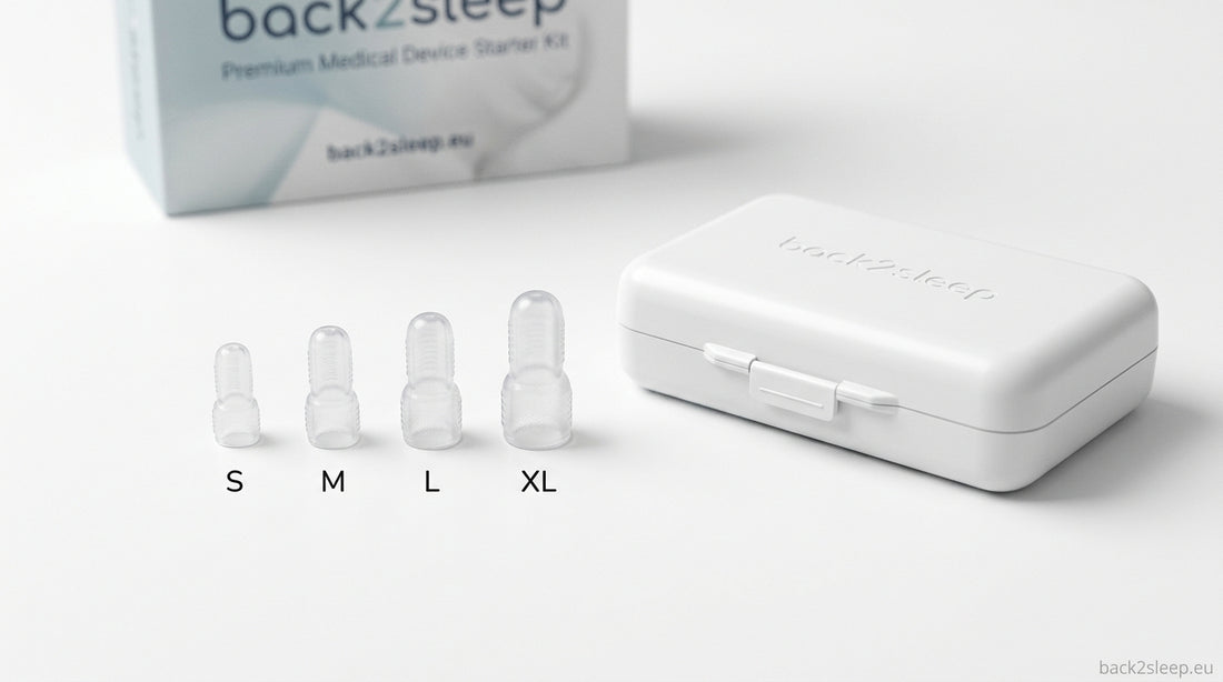 Back2Sleep starter kit contents showing four nasal stent sizes S M L XL with storage case on white surface