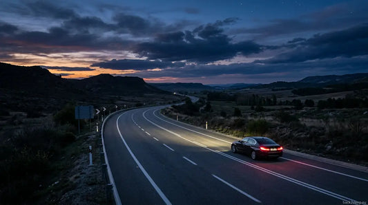 Car driving safely on twilight highway - sleep apnea drowsy driving prevention