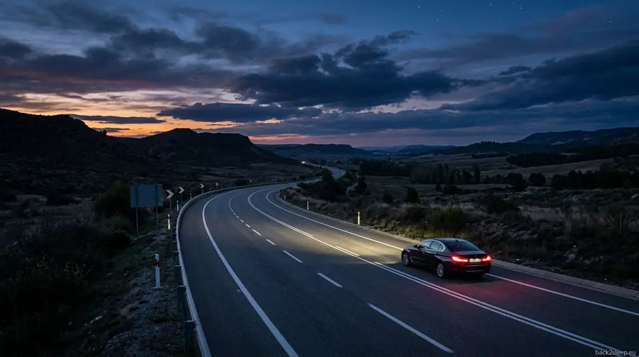 Car driving safely on twilight highway - sleep apnea drowsy driving prevention