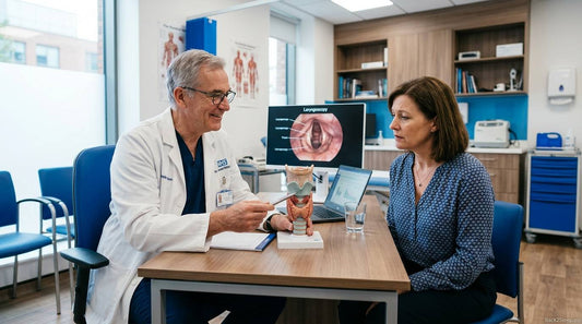 ENT surgeon explaining UPPP surgery procedure to patient in modern clinic