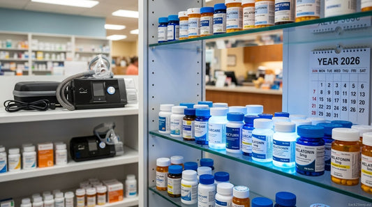 Sleep apnea medications in 2026 including tirzepatide pill bottles on pharmacy shelf