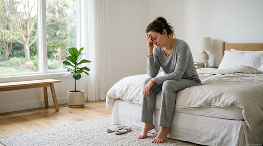 Tired young woman on bed edge — UARS causes chronic fatigue despite normal sleep test results