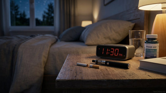 Broken cigarette and vape pen on bedside table — how smoking and vaping damage your airway and worsen snoring