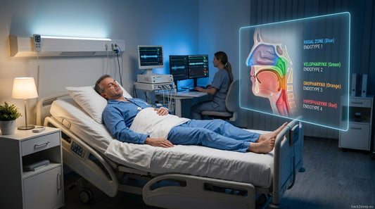 Sleep apnea endotype testing in a modern sleep medicine lab with holographic airway display showing four colored endotype zones