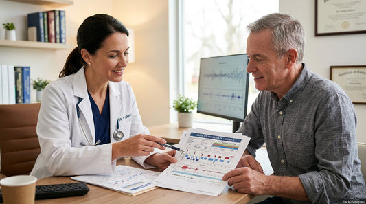 Patient reviewing sleep study results with a doctor explaining AHI, ODI, and SpO2 data on charts
