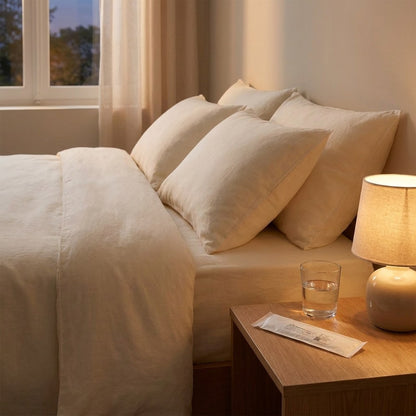 Calm bedroom at dusk with a sealed Back2Sleep sachet on the bedside table