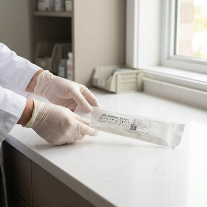Pair of professional hands placing a Back2Sleep sachet on a clean countertop
