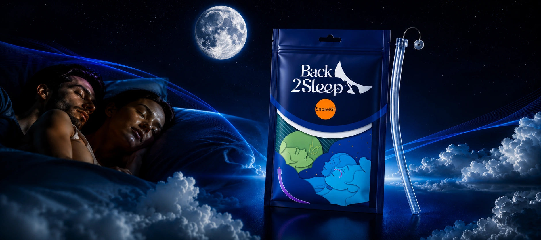 Back2Sleep anti-snoring nasal stent — couple sleeping peacefully at night