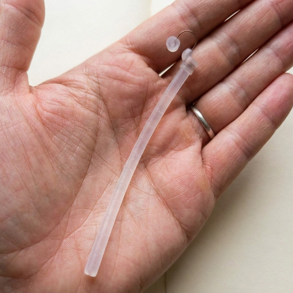 Adult palm holding the Back2Sleep nasal stent — flexible translucent silicone