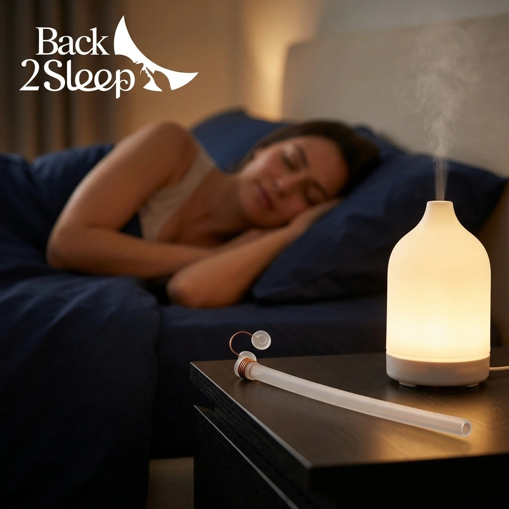 Back2Sleep landing hero: a woman sleeping peacefully on navy bedding, a slim translucent Back2Sleep nasal stent and warm aroma diffuser on the dark wood nightstand beside her — calm restful bedroom scene illustrating the Back2Sleep solution for quiet, restorative sleep.