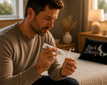 Adult man in his bedroom at evening, gently applying lubricant from a small white tube onto the slim translucent Back2Sleep nasal stent — Back2Sleep branded pillow visible in the background. Warm evening light. Mode d-emploi step 3: apply the lubricant.