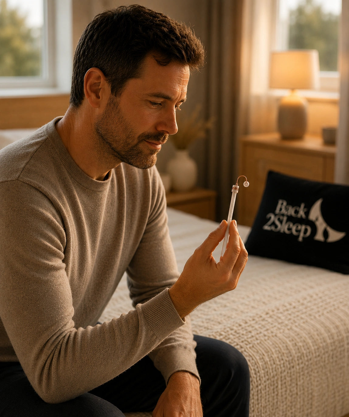 Adult man sitting on the edge of his bed in warm evening light, calmly examining the slim translucent Back2Sleep nasal stent before sleep — Back2Sleep branded pillow visible in the background. Premium editorial photograph for the "A Different Approach to Better Breathing" section.