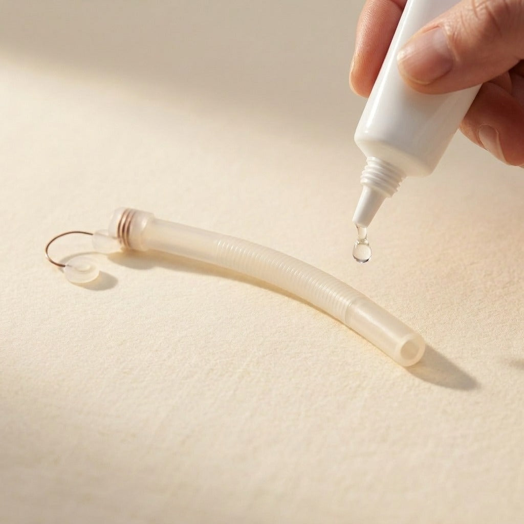 Lubricating gel drop applied to the smooth tapered insertion tip of the Back2Sleep stent (anchor end clean and away)