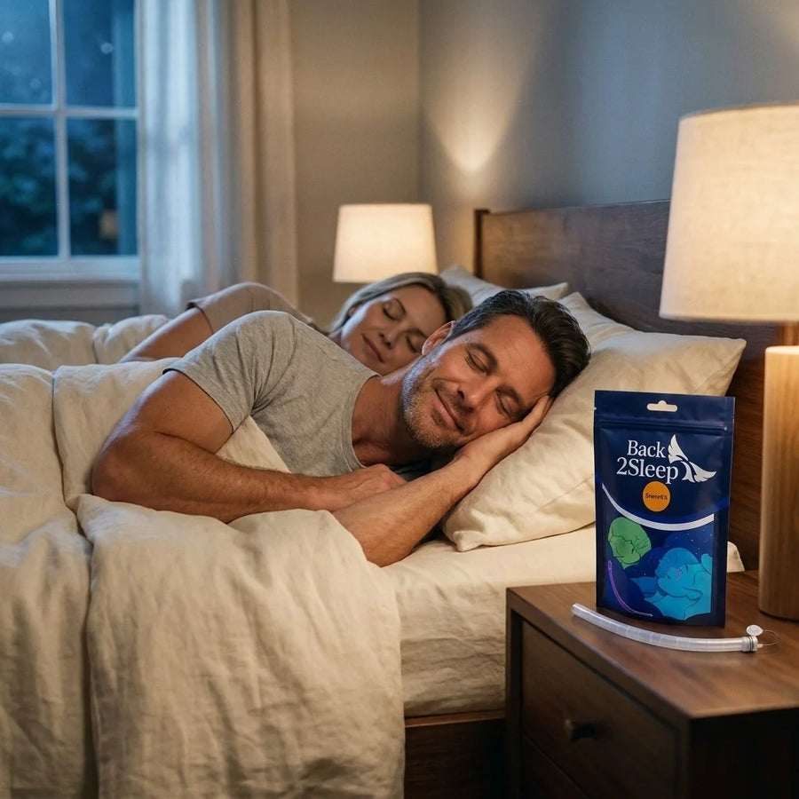 A man and woman sleeping peacefully, calm and snore-free, with the Back2Sleep kit on the nightstand