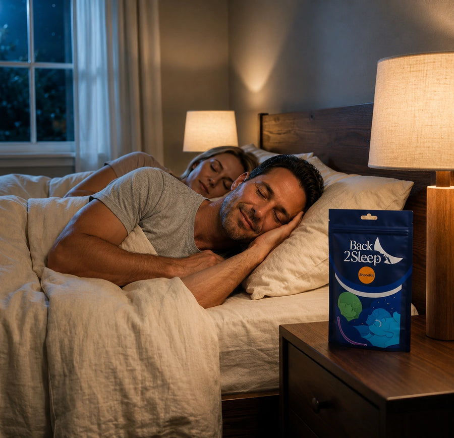 Couple sleeping peacefully with the Back2Sleep nasal stent on the nightstand — step 4, sleep