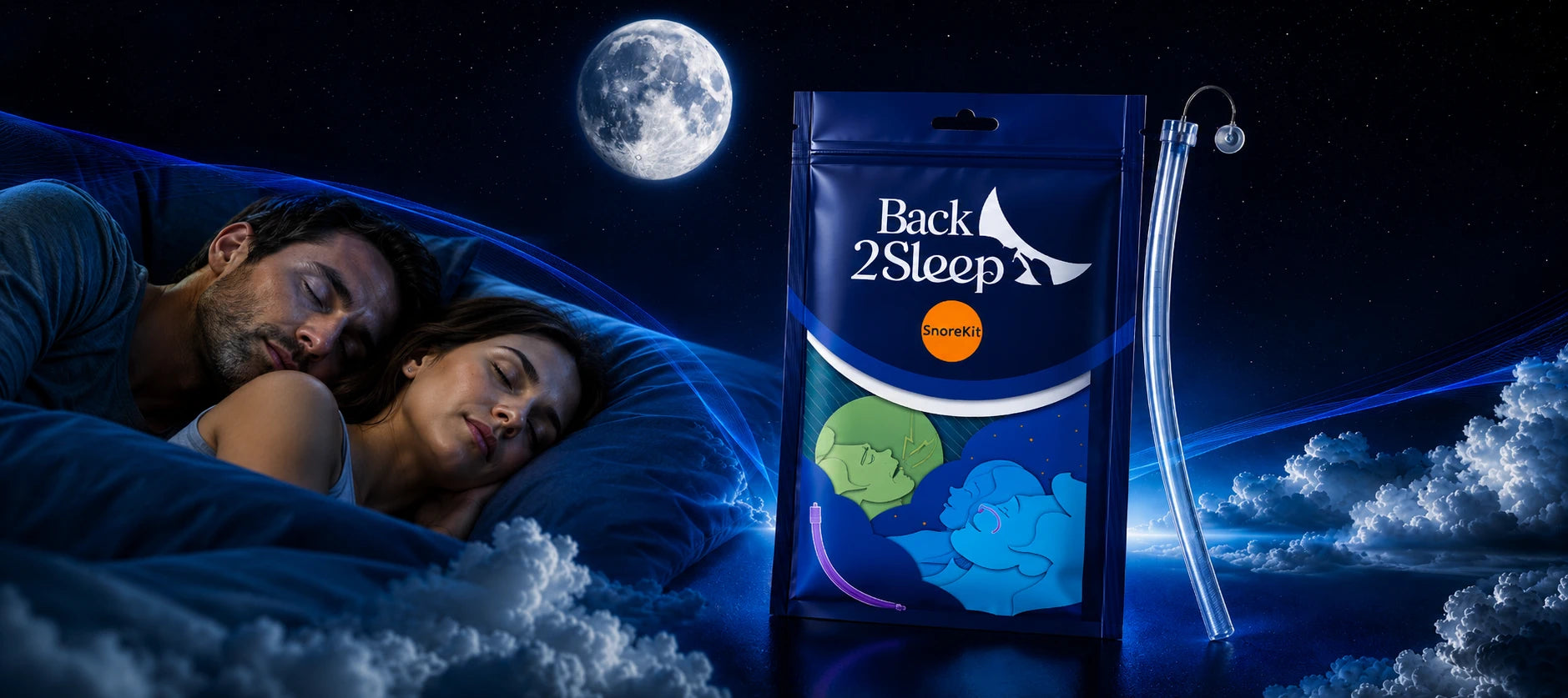 Back2Sleep intranasal nasal stent for snoring and sleep apnea relief — couple sleeping peacefully at night