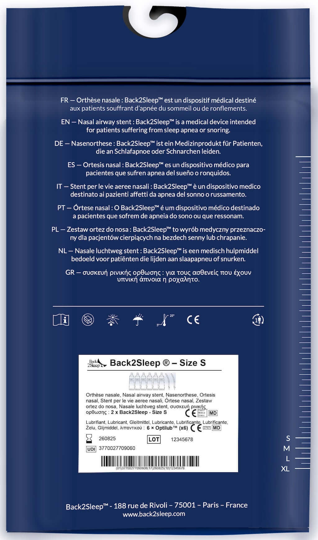 Back2Sleep for snoring and sleep apnea, back of the packaging.